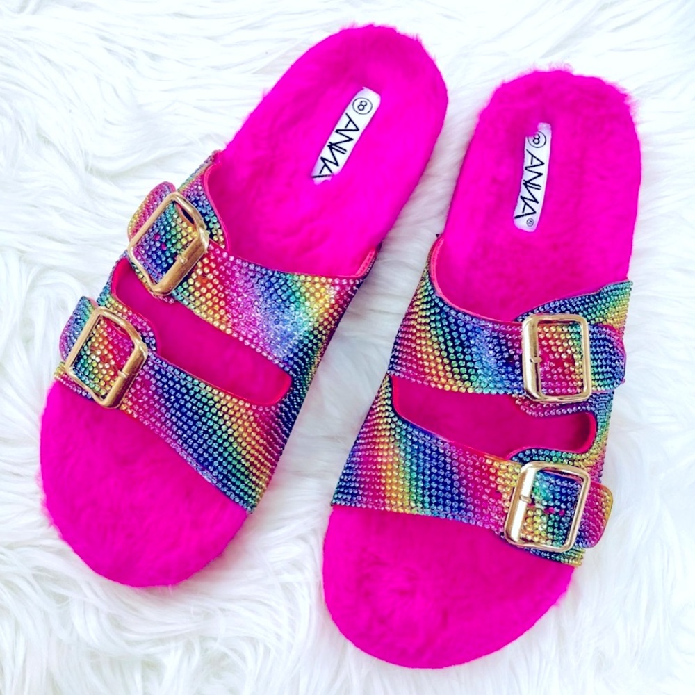 NEW IN BOX PINK FUR RHINESTONE EMBELLISHED DOUBLE BUCKLE SANDALS